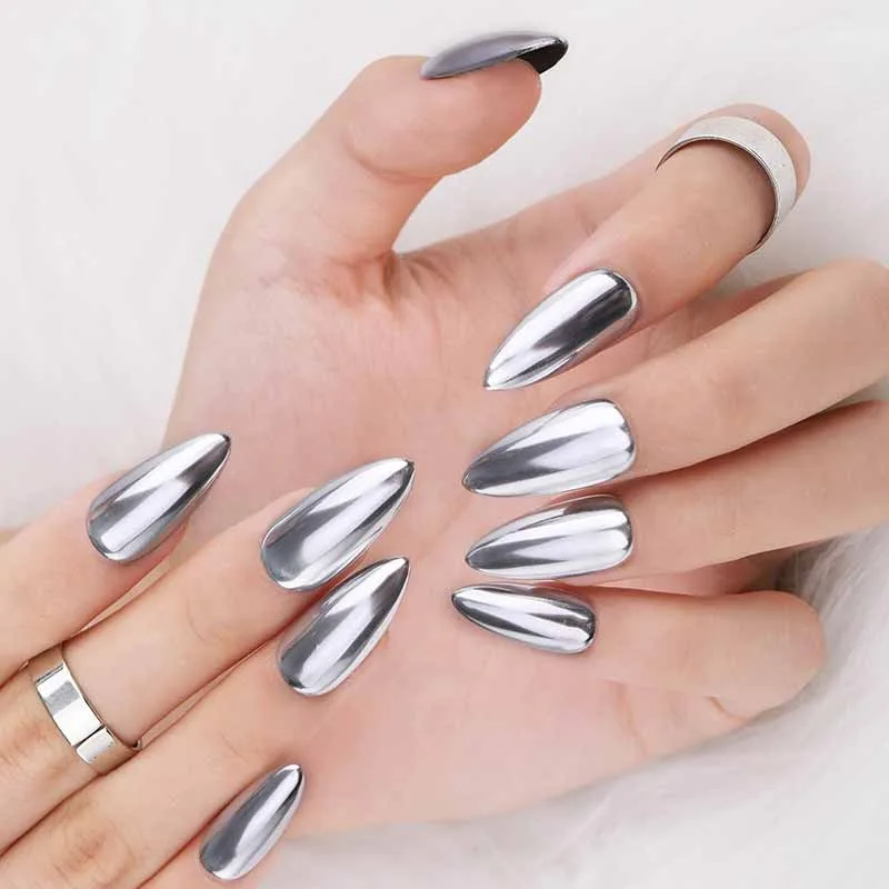 Achieve a sleek and futuristic style with chrome nails.