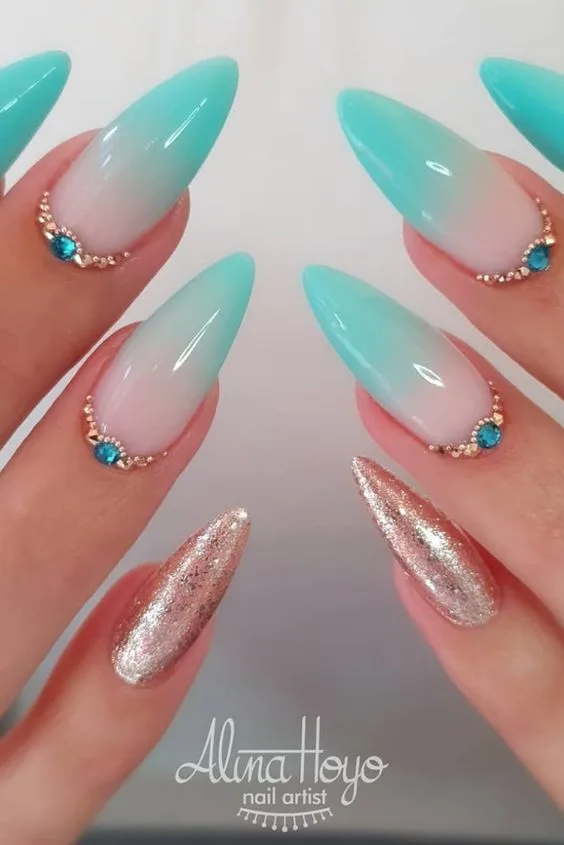 Colorful and Glittery Turquoise Nail Designs